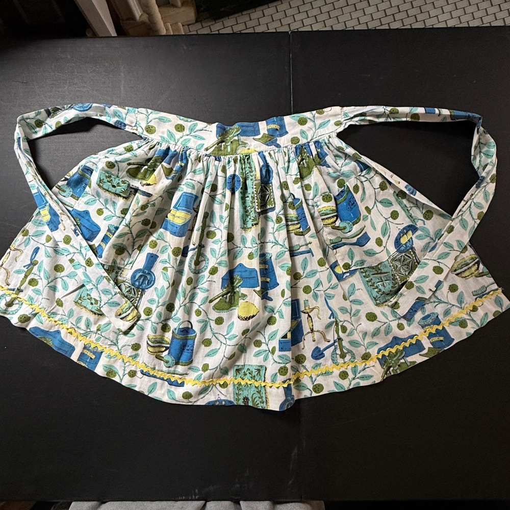 Vintage MCM Novelty Kitchen Print Half Apron Rick Rack Blue Green 1950s 60s